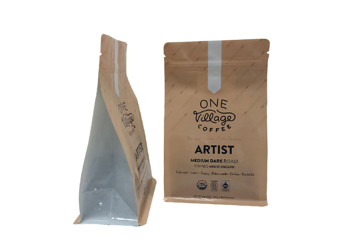 Laminated Block Bottom Custom Brown Paper Resealable Coffee Bag Ziplock